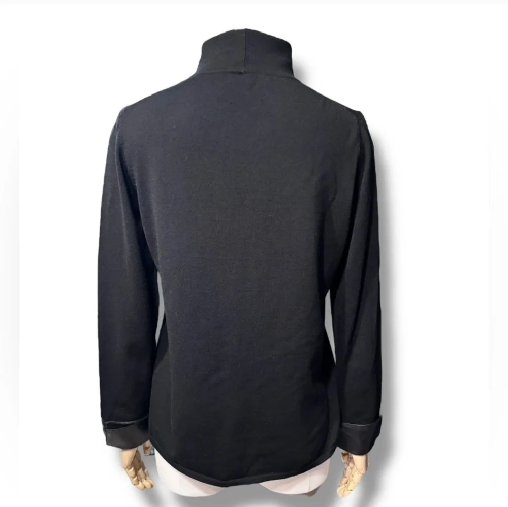 BELFORD Black Merino Wool Turtleneck Sweater Black Leather French Cuffs VINTAGE